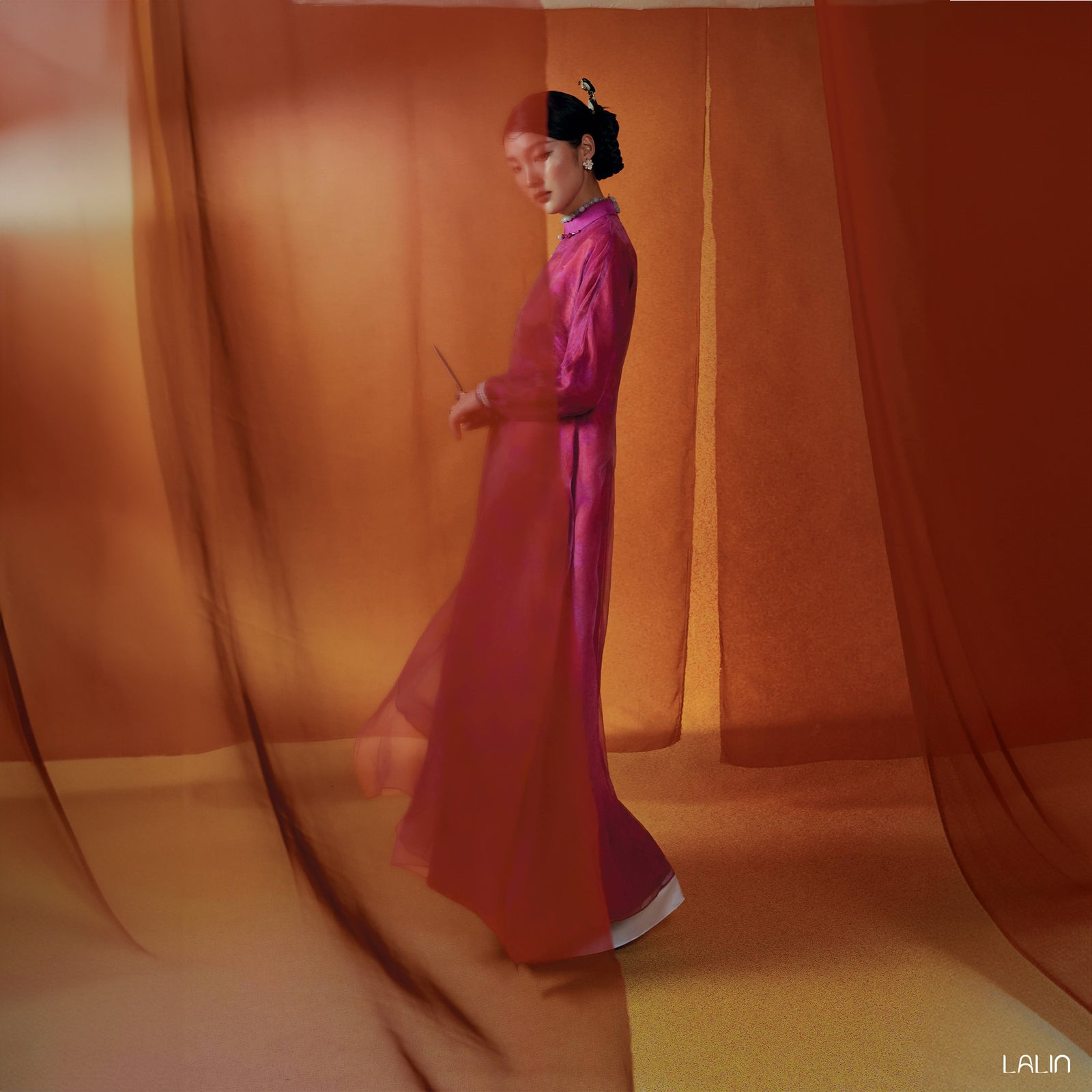 Vietnamese Ao Dai - Thu Khue Ao Dai Set – Doubled Layers in Lace and Wormsilk - side profile in pink by Lalin