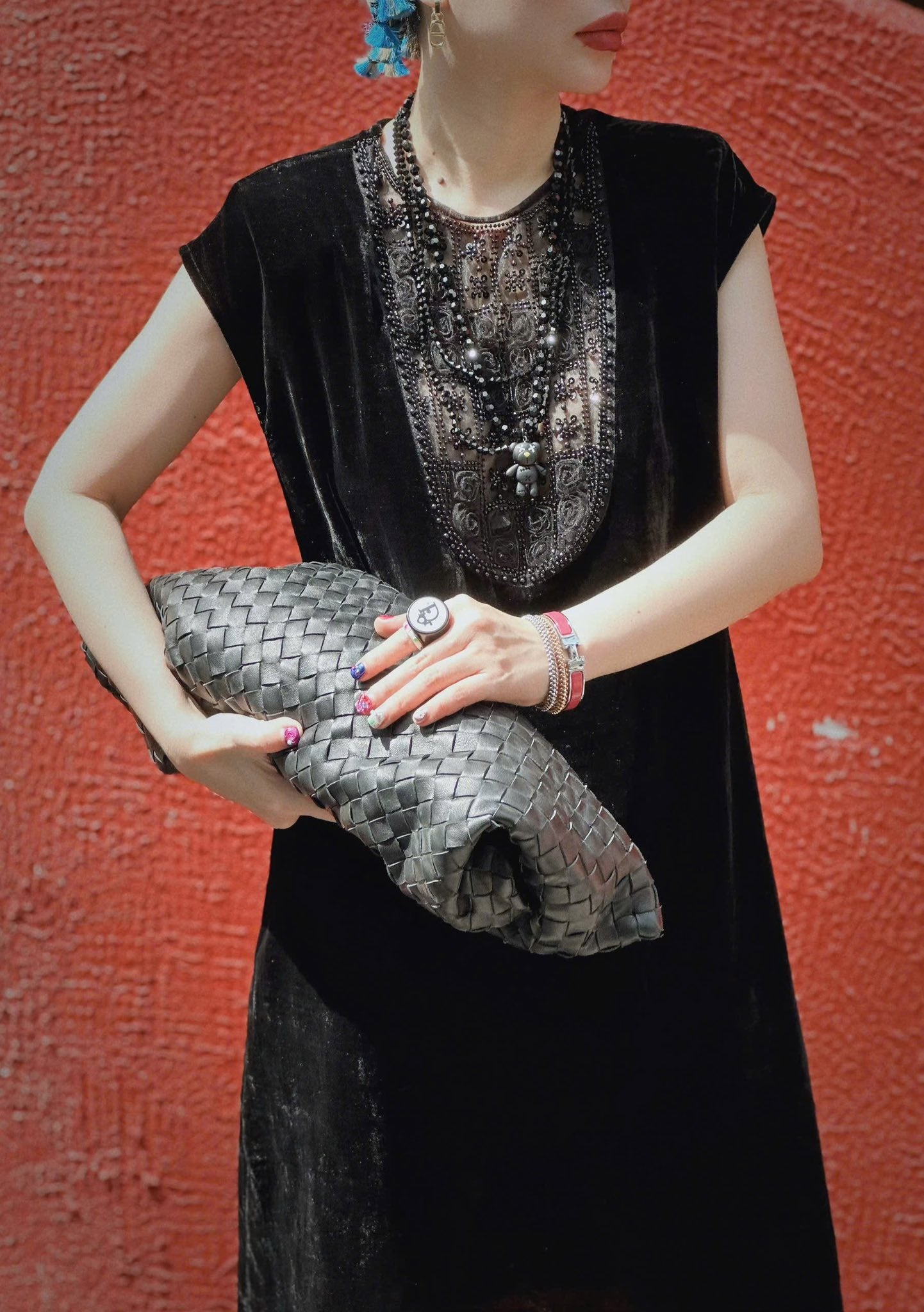 Velvet Prosperity – Velvet Dress with Lacy front in Mid-night Black - front view by Huyen Thai Collection