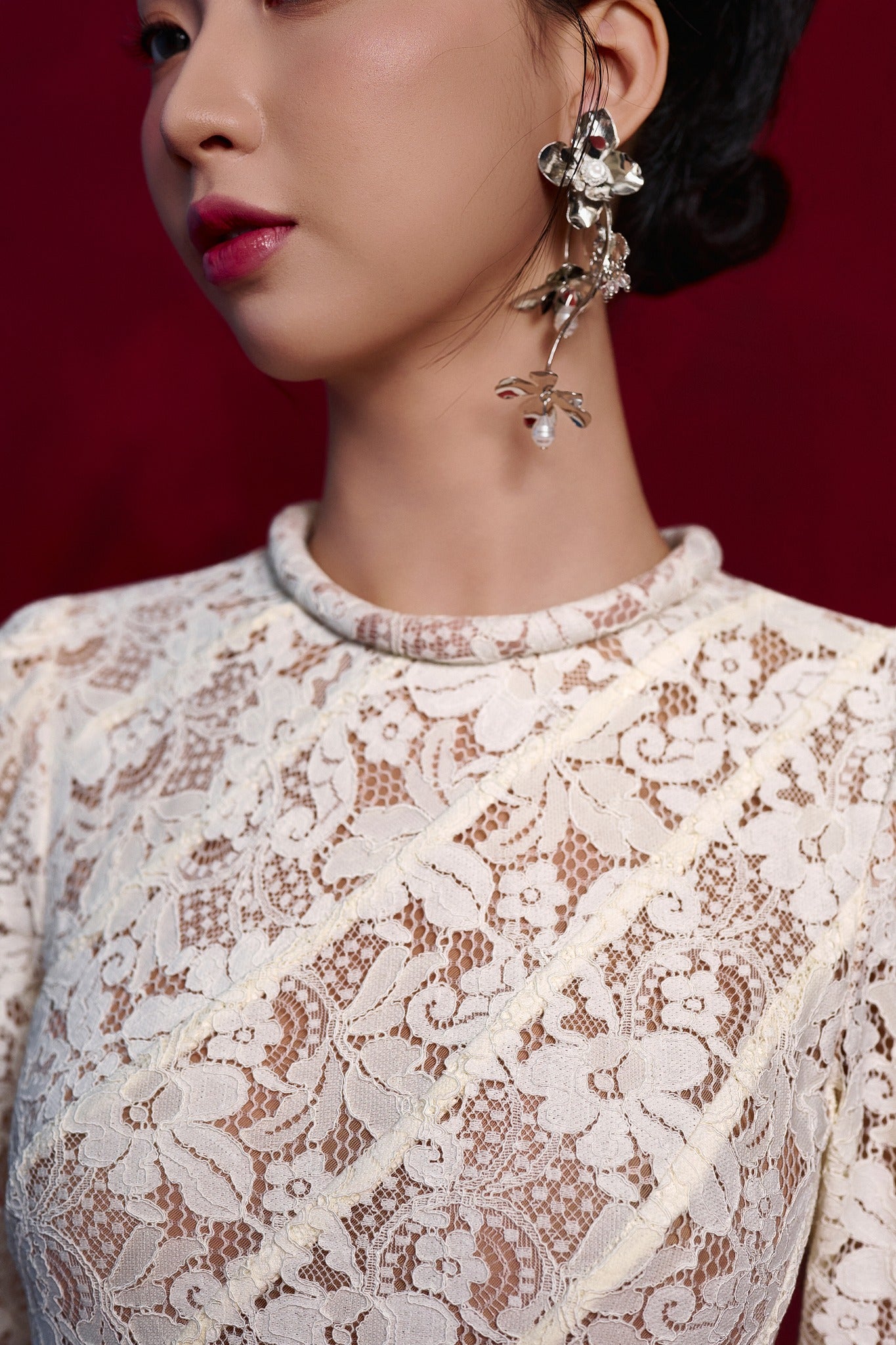Vietnamese Embroidery - Ivory Bloom Ao-dai Set - Lacy Áo Dài with Pleats - side profile in lace in white by Jennie Choo