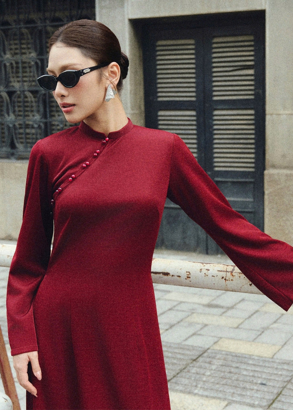 Vietnamese Ao Dai - “Thời Nguyệt” Áo Dài Set - Velvet Silk in Wine Red - front view in red by Huyen Thai Collection