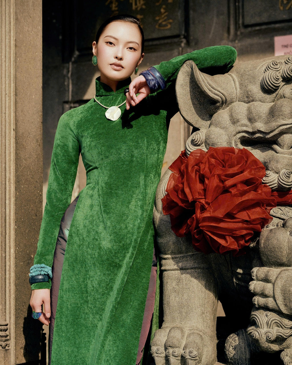 Vietnamese Ao Dai - Nhung - Velvet Ao Dai Set in Forest Green - front view in forest green by Bonjour
