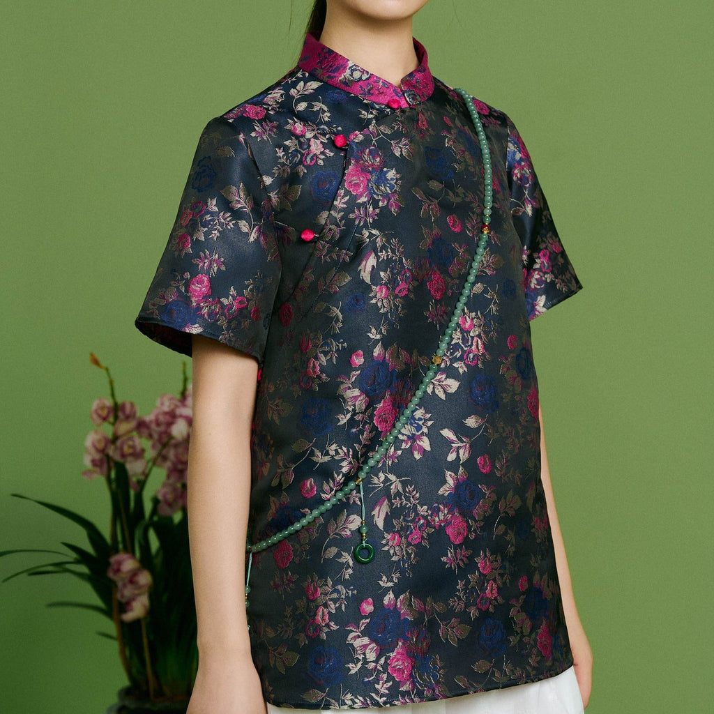 "Quiet Bloom" – Embroidered Brocade Top - back view | Vietnamese Luxury Fashion