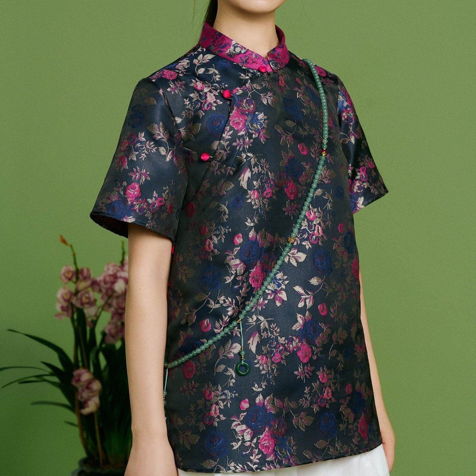 Vietnamese Embroidery - Quiet Bloom – Embroidered Brocade Top - front view in black by Hy Phuong