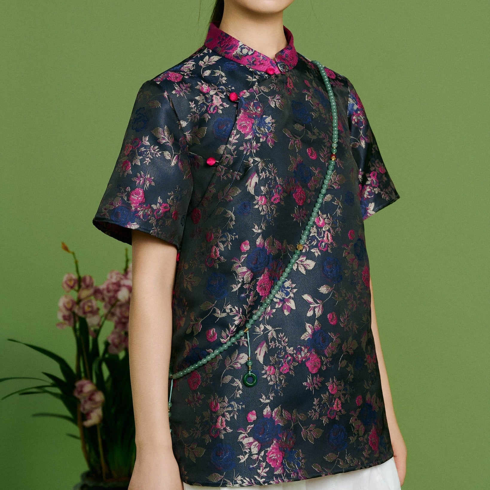 "Quiet Bloom" – Embroidered Brocade Top - back view | Vietnamese Luxury Fashion