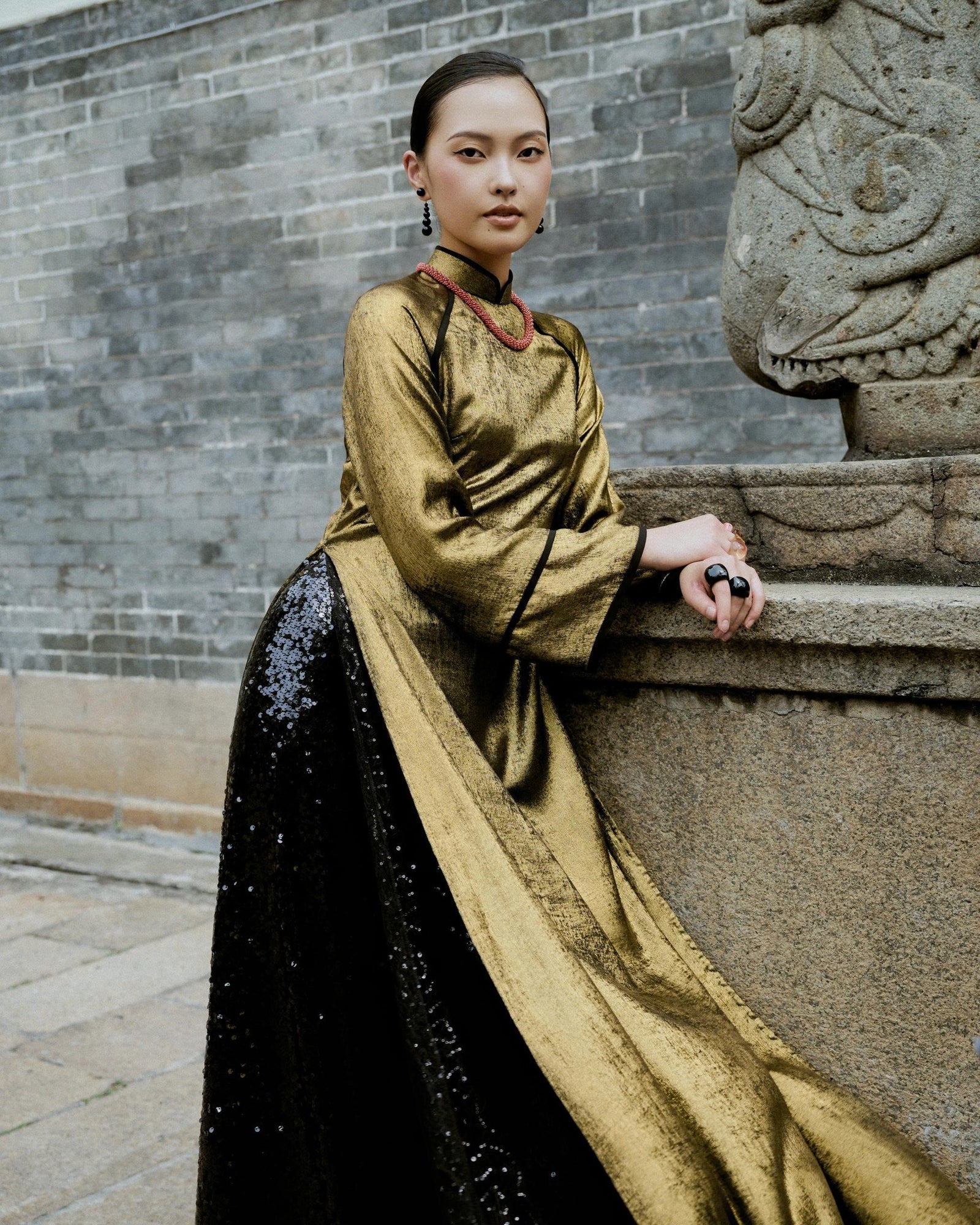 Vietnamese Ao Dai - My Nhung - Velvet Ao Dai Set in Champagne Gold - front view in silk in champagne gold by Bonjour
