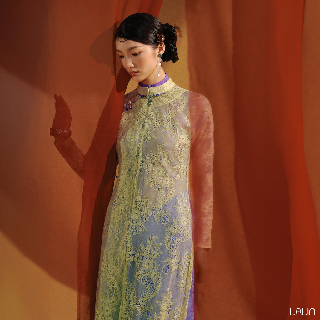 Vietnamese Ao Dai - Khue Ngan Ao Dai Set – Doubled Layers in Lace and Wormsilk - front view in yellow by Lalin