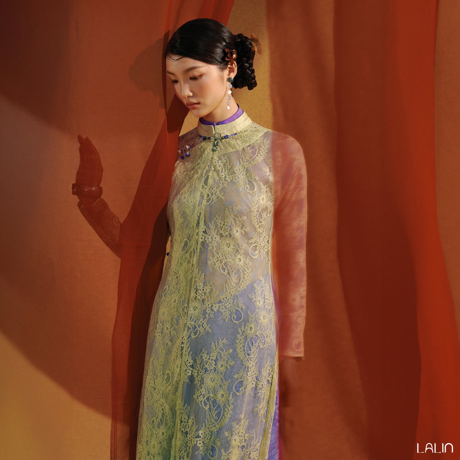 Vietnamese Ao Dai - Khue Ngan Ao Dai Set – Doubled Layers in Lace and Wormsilk - front view in yellow by Lalin