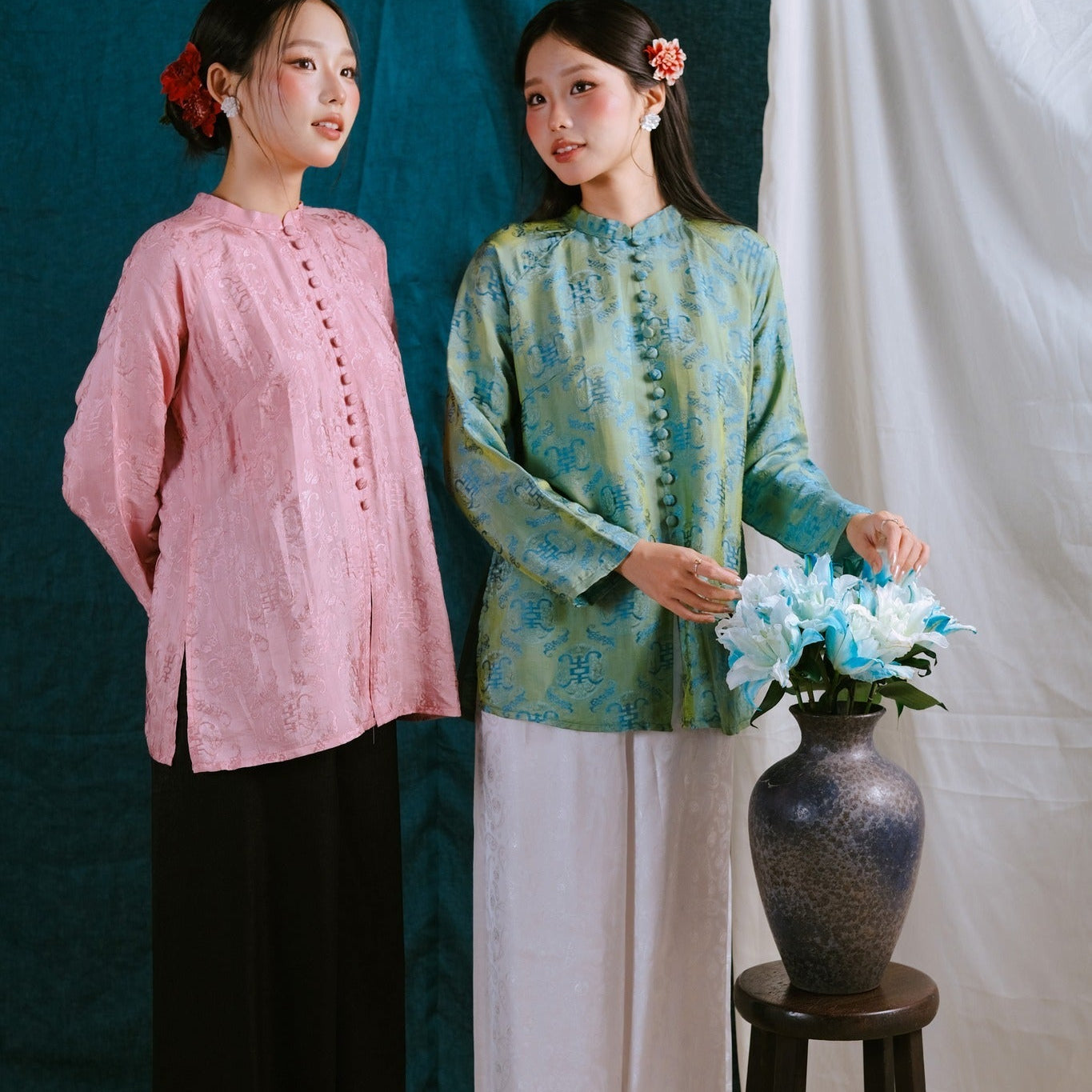 Vietnamese Ao Dai - “Luc Tra Ao Ba Ba – Wormsilk Top - front view in brocade in pink by Moc