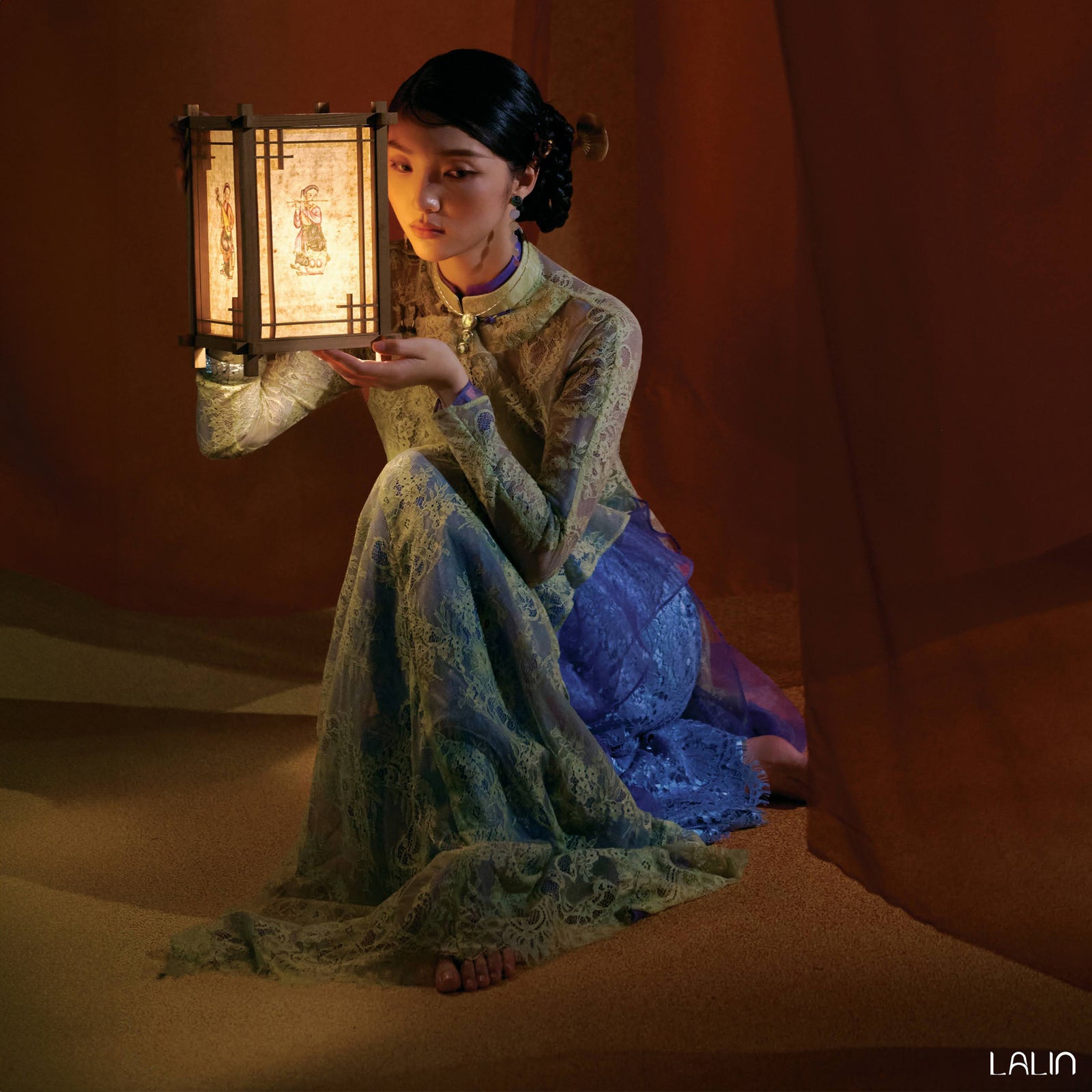 Vietnamese Ao Dai - Khue Ngan Ao Dai Set – Doubled Layers in Lace and Wormsilk - styled presentation in blue by Lalin