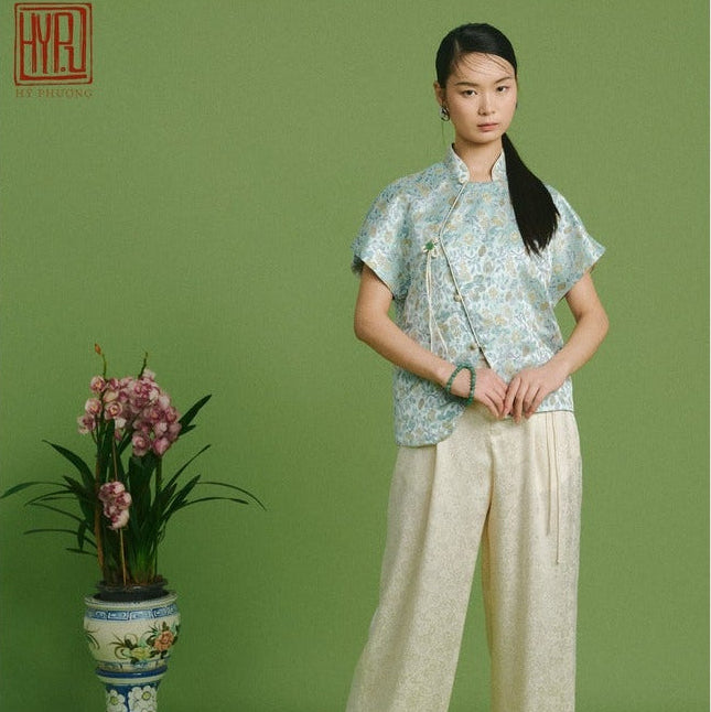 Vietnamese Silver - Spring Bloom – Embroidered Brocade Top - styled presentation in green by Hy Phuong