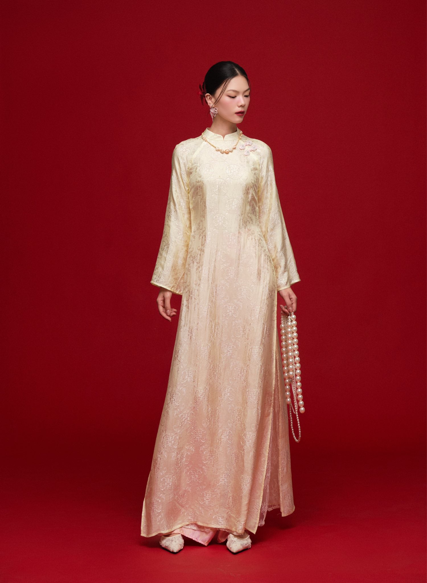 "Mai Châu" Áo Dài Set - Silk & Sequined layers in Cream