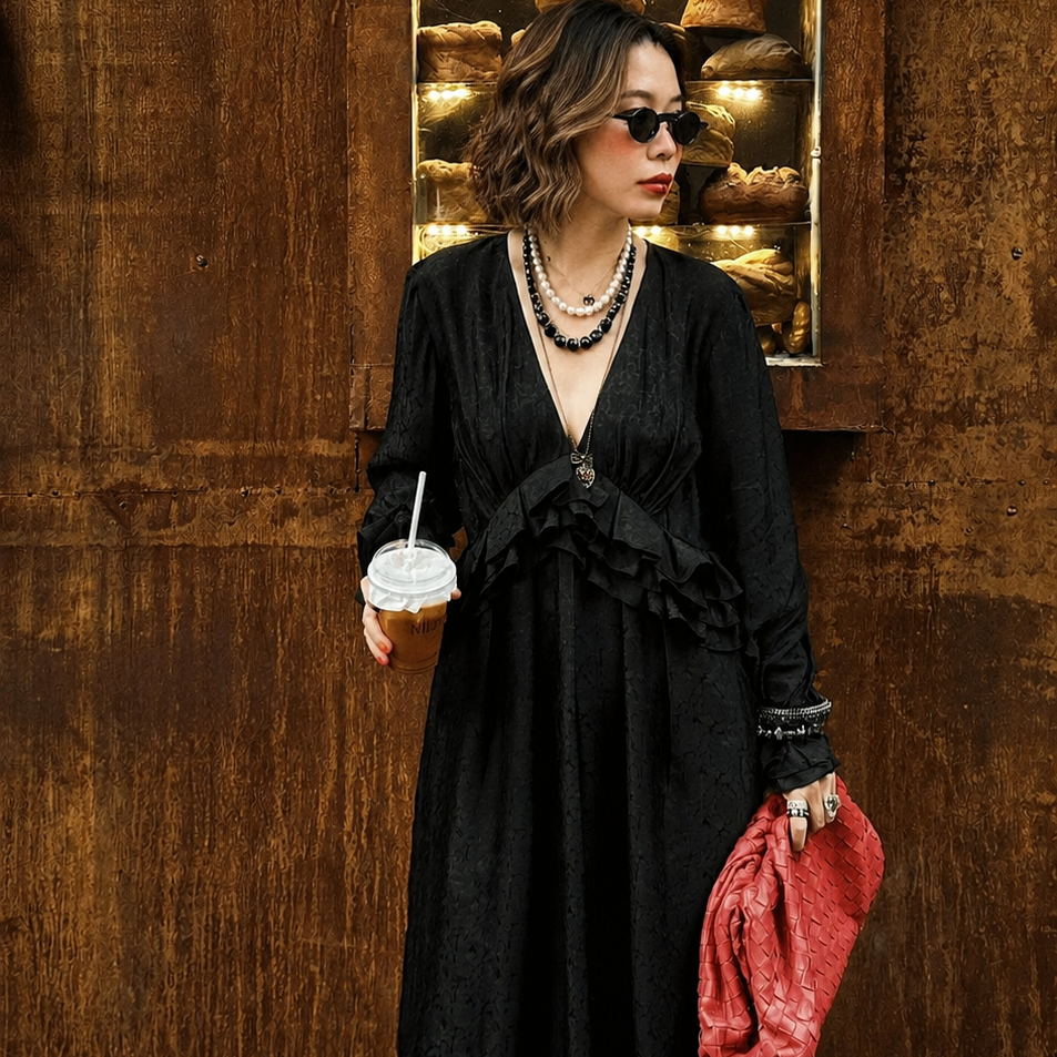 Midnight Rhapsody wormsilk dress, full-length standing: plunging V-neckline with layered ruffles at waist