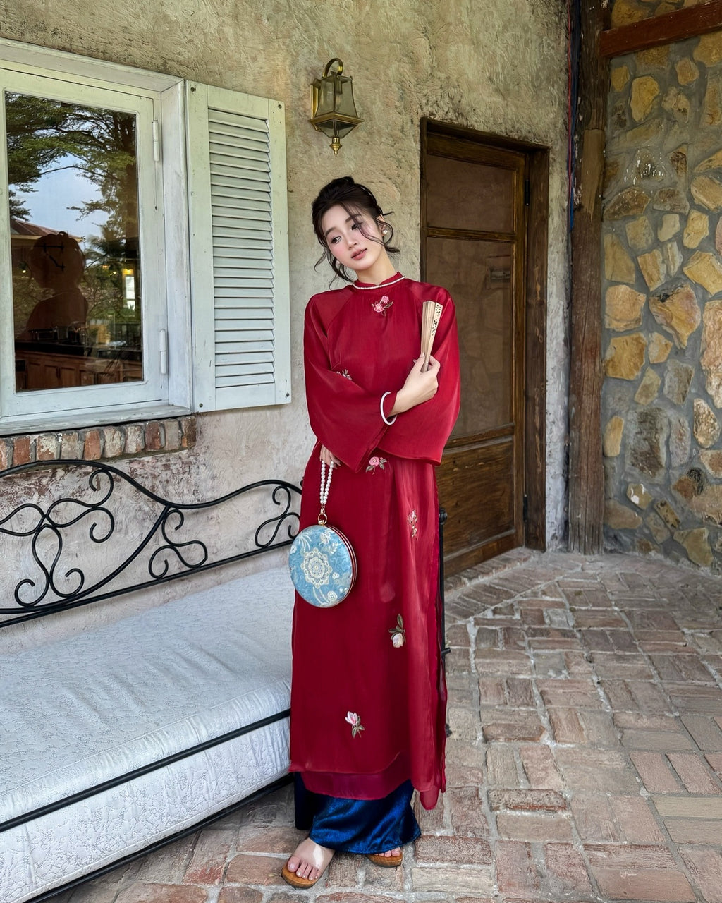 Vietnamese Ao Dai - Xuan Diep Ao-dai Set – Embroidered Silk Áo Dài - front view in burgundy by Moc