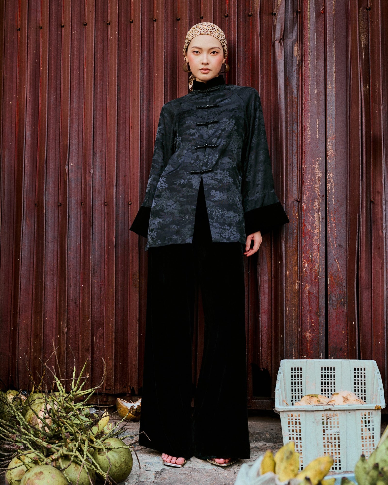 Vietnamese Ao Dai - My Nhung - Velvet Top in Charcoal Gray - front view in silk in charcoal gray by Bonjour