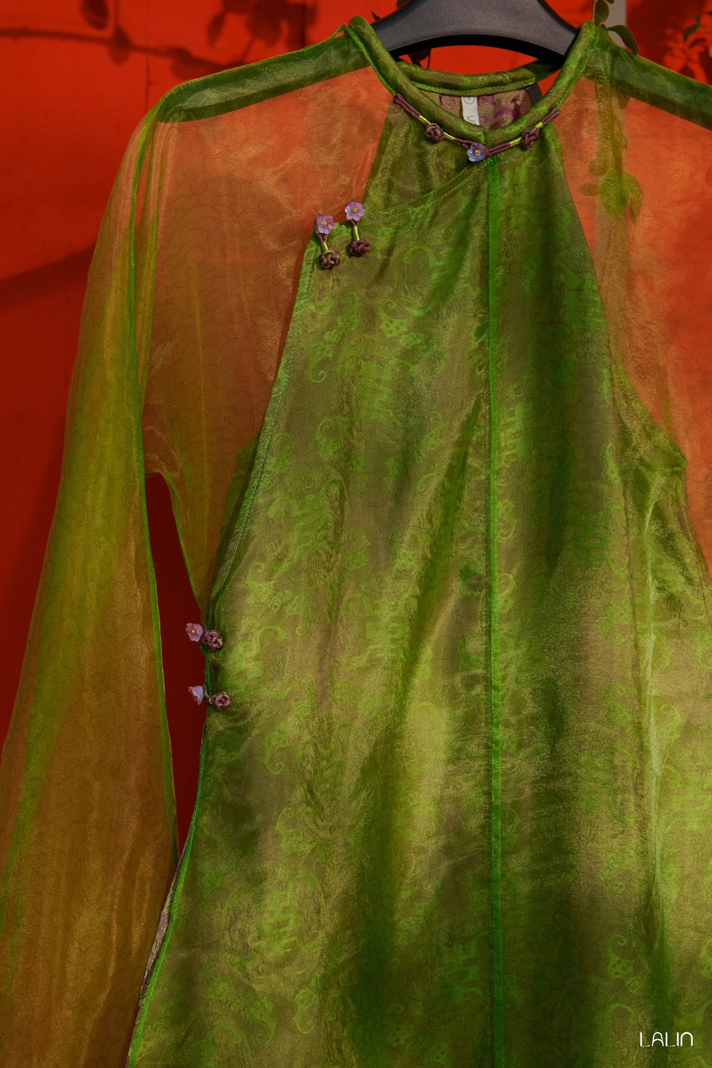 Vietnamese Ao Dai - Khue Tu Ao Dai Set – Doubled Layer in Premium Organza and Wormsilk - front view in green by Lalin