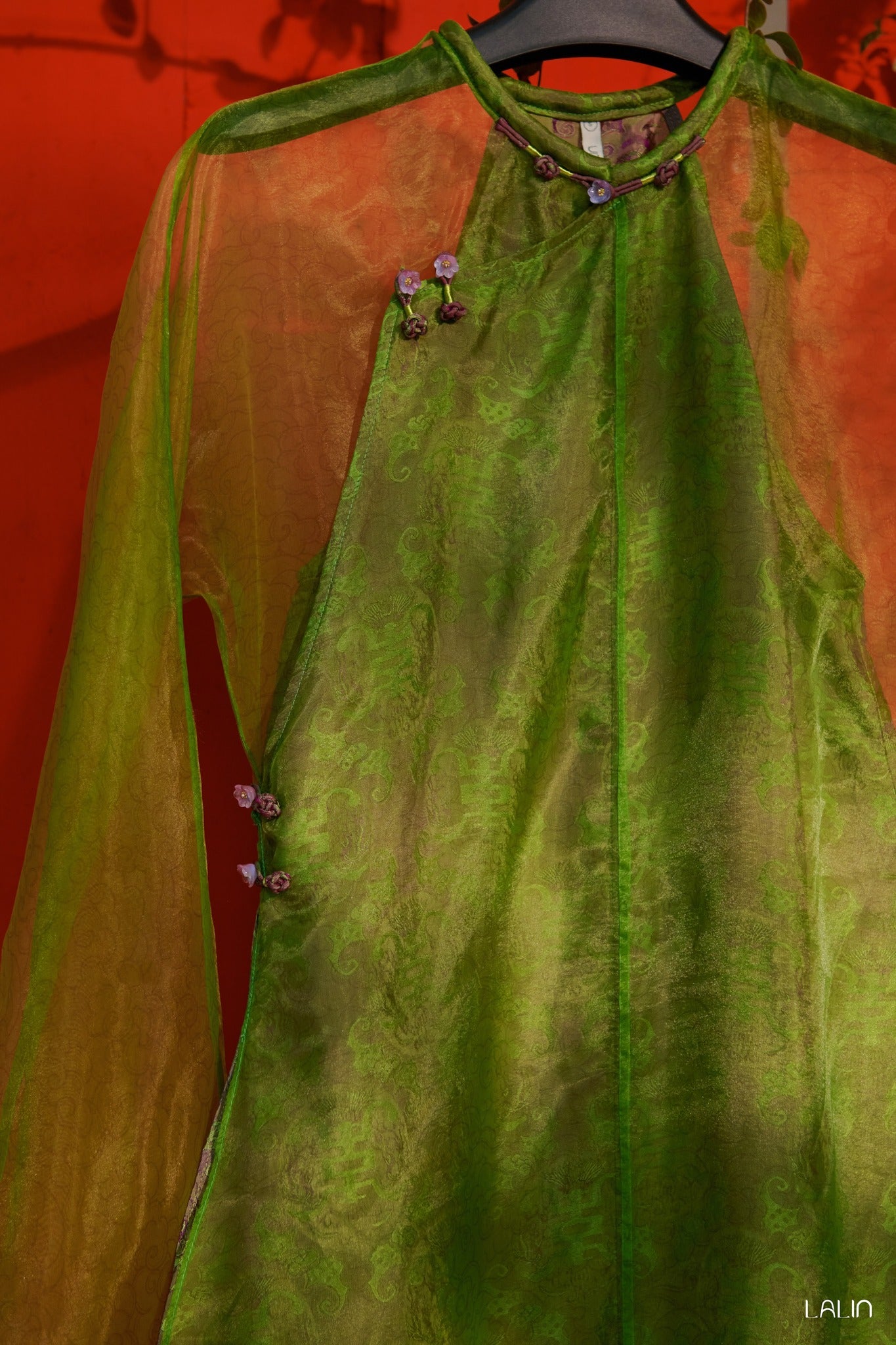 Vietnamese Ao Dai - Khue Tu Ao Dai Set – Doubled Layer in Premium Organza and Wormsilk - front view in green by Lalin