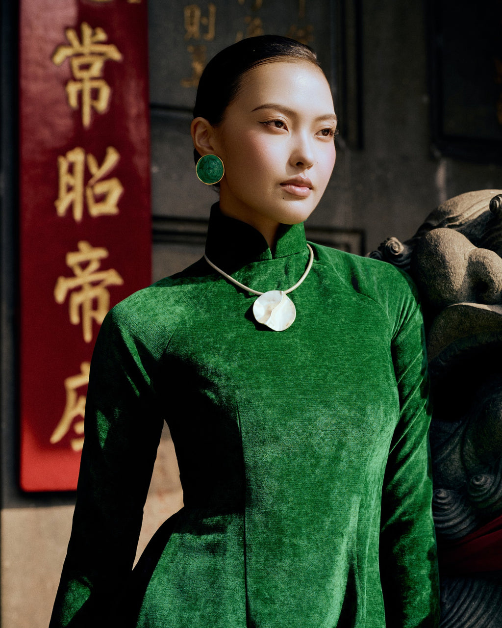Vietnamese Ao Dai - Nhung - Velvet Ao Dai Set in Forest Green - front view in forest green by Bonjour