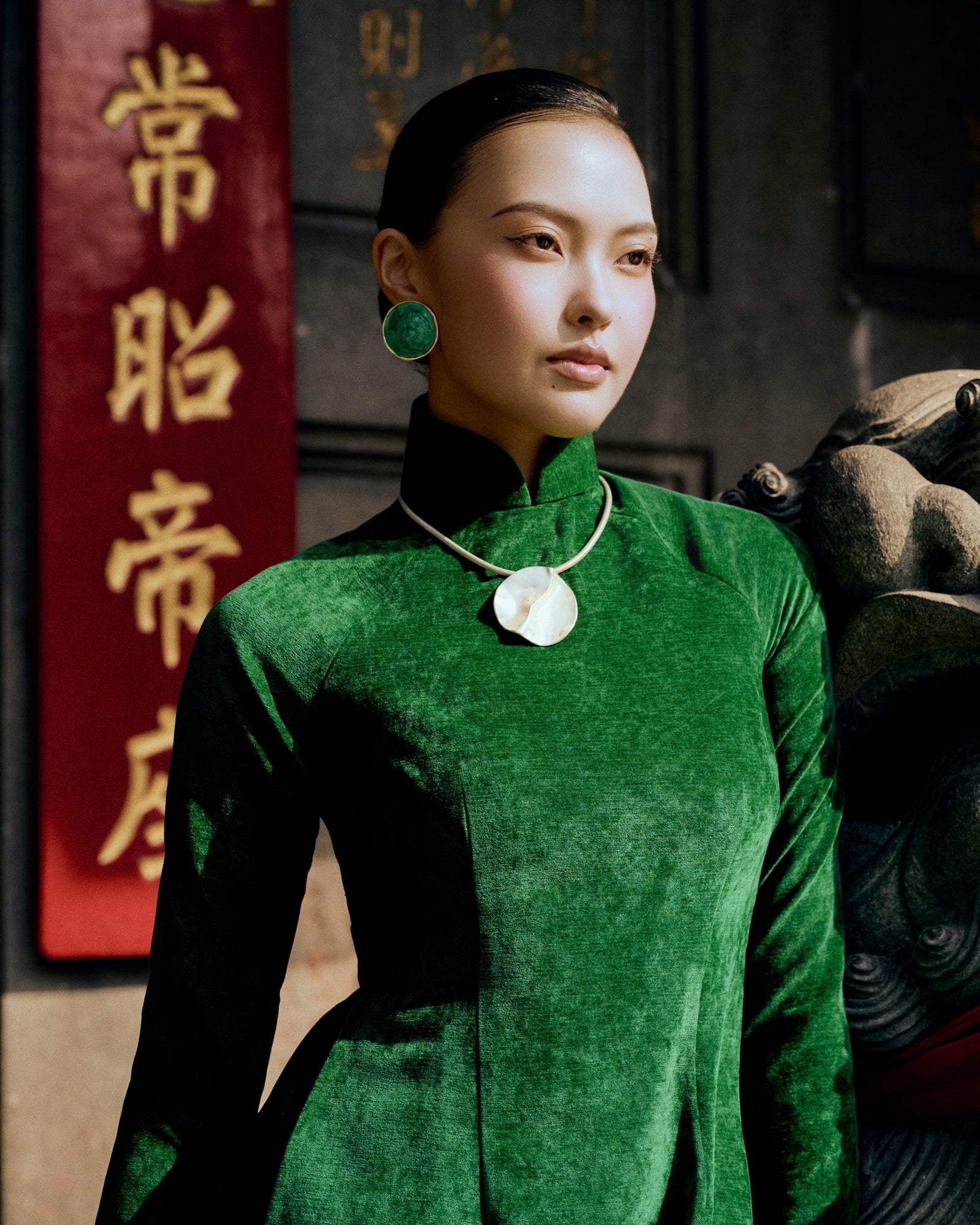 Vietnamese Ao Dai - Nhung - Velvet Ao Dai Set in Forest Green - front view in forest green by Bonjour