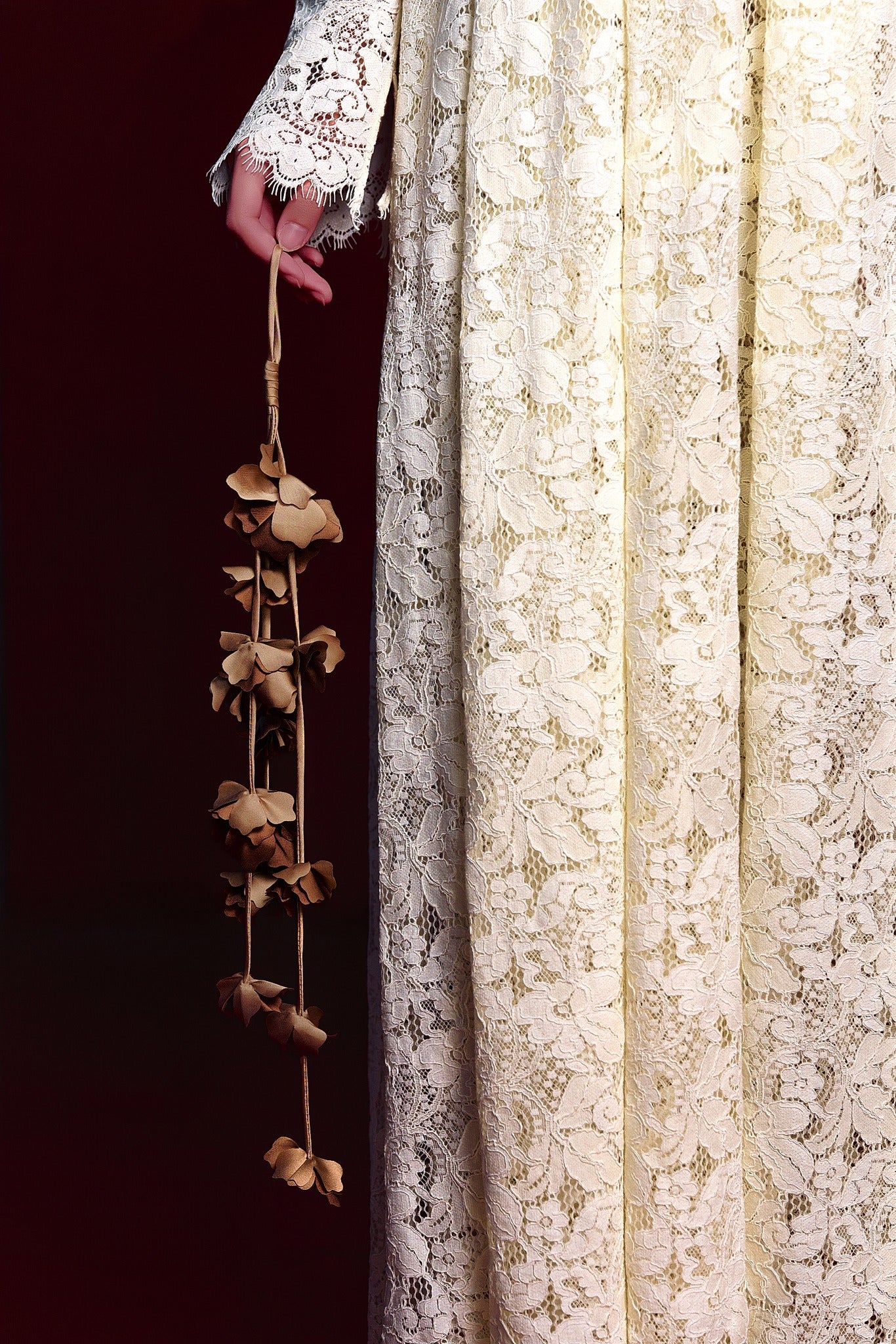 Vietnamese Embroidery - Ivory Bloom Ao-dai Set - Lacy Áo Dài with Pleats - detail close-up in lace in cream by Jennie Choo