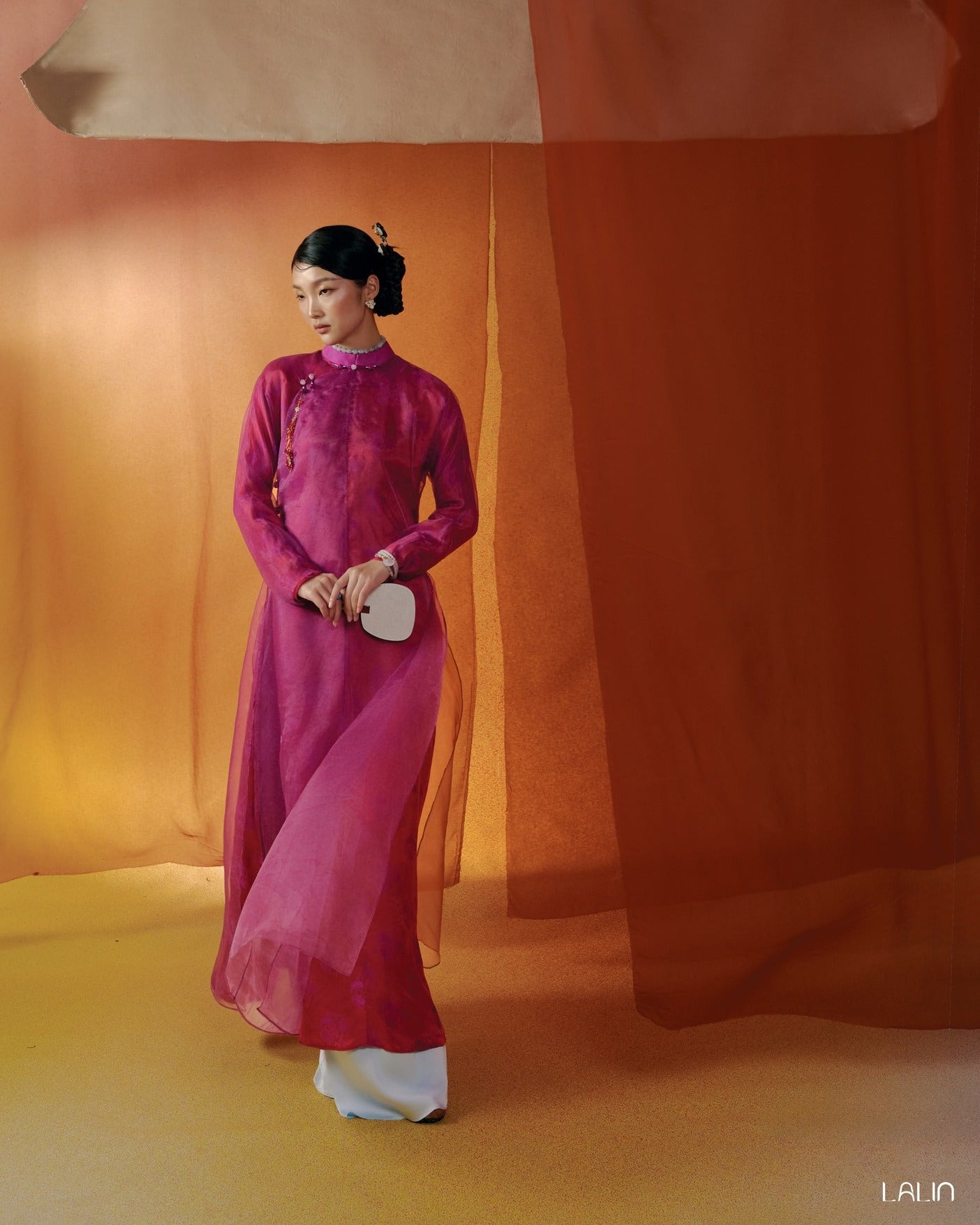 Vietnamese Ao Dai - Thu Khue Ao Dai Set – Doubled Layers in Lace and Wormsilk - front view in fuchsia by Lalin