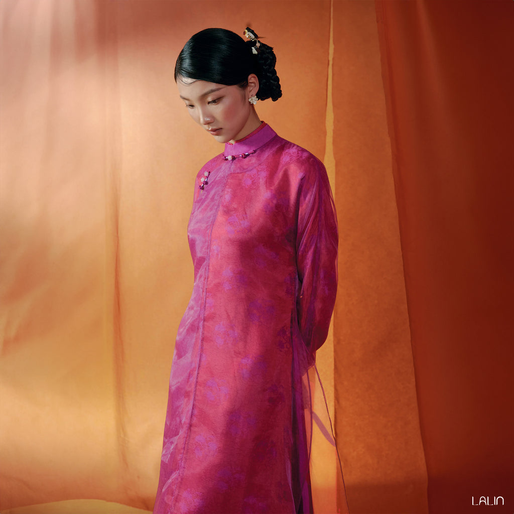 Vietnamese Ao Dai - Thu Khue Ao Dai Set – Doubled Layers in Lace and Wormsilk - side profile in pink by Lalin
