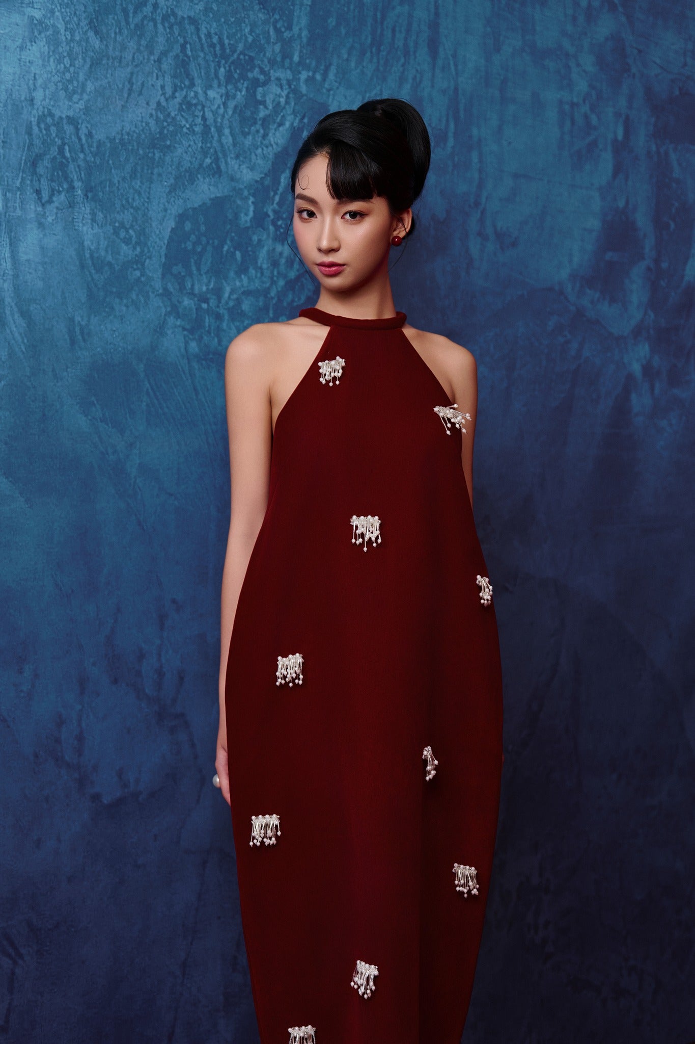 Crimson Radiance - Halter Dress with Beaded Embellishment - front view by Jennie Choo