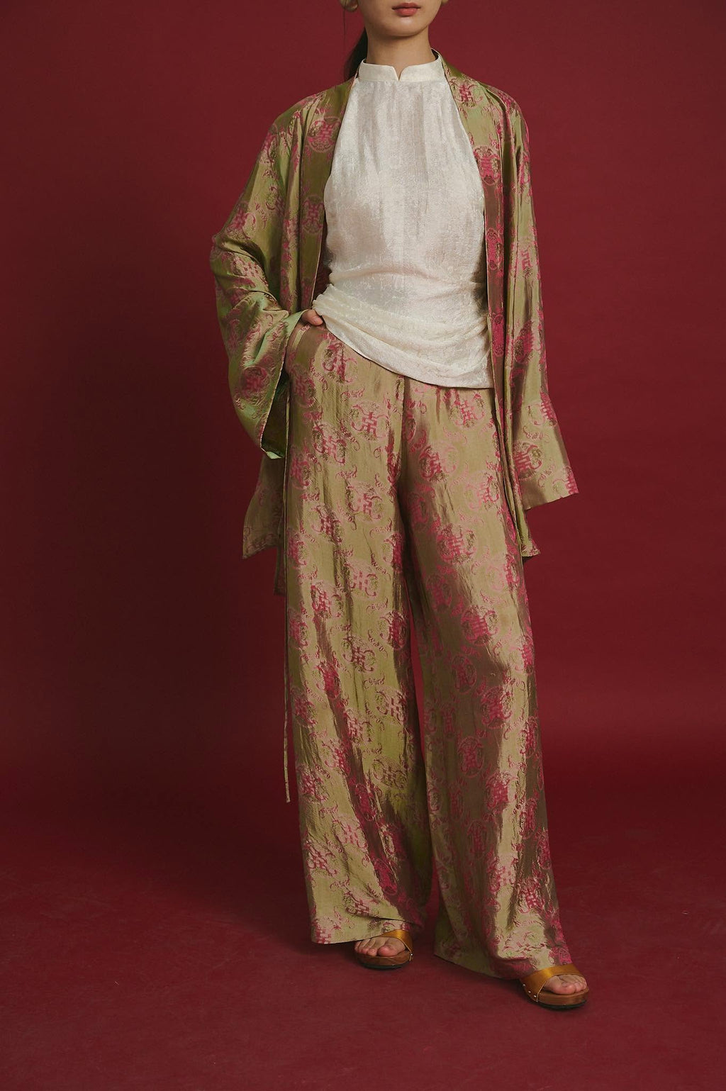 Traditional Motif - “Silken Poise” Cardigan – Worm Silk Heritage in Antique Moss - front view in green by Hy Phuong