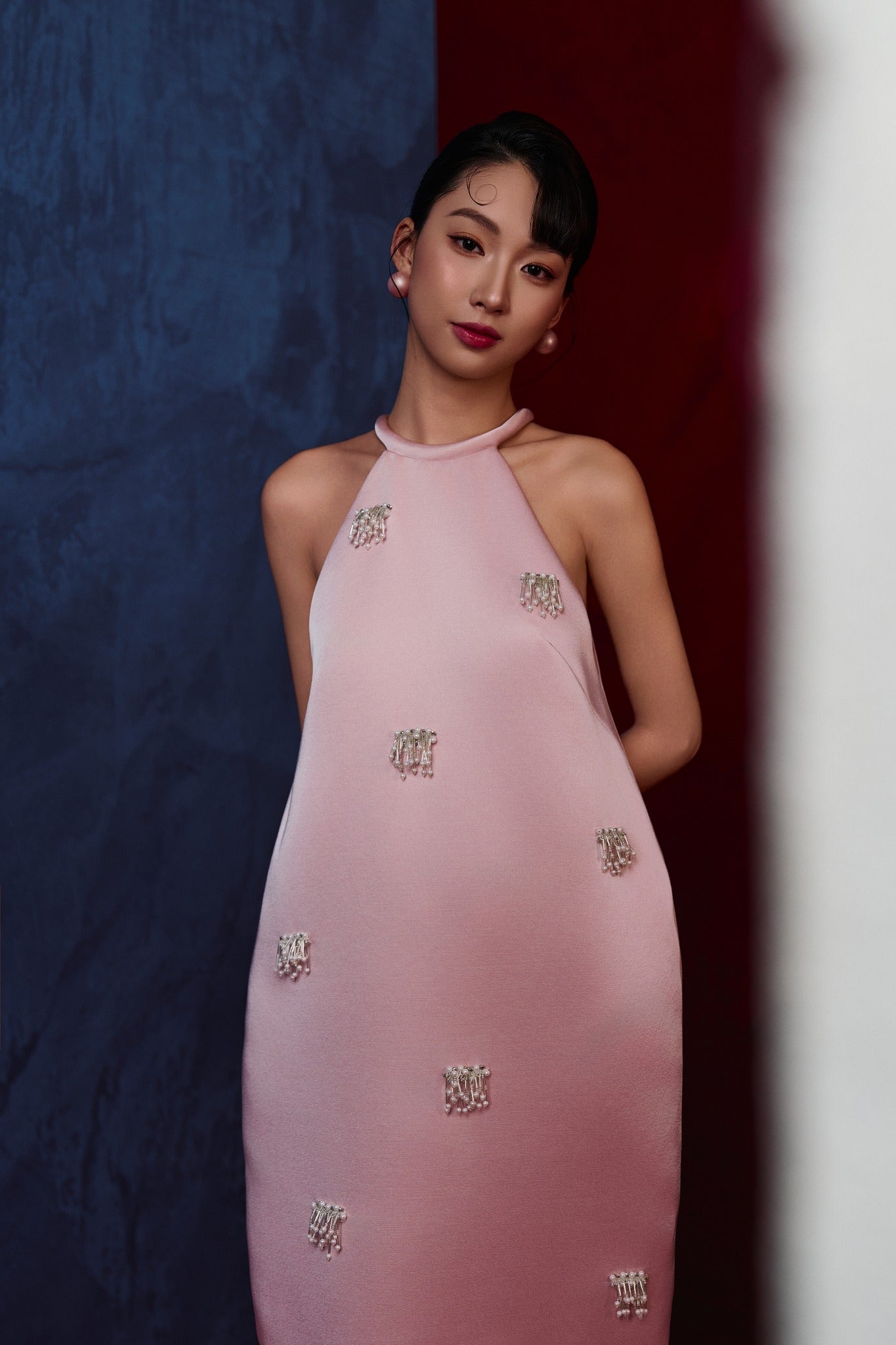Empty Array - Blush Radiance - Halter Dress with Beaded Embellishment - front view in velvet in pink by Jennie Choo