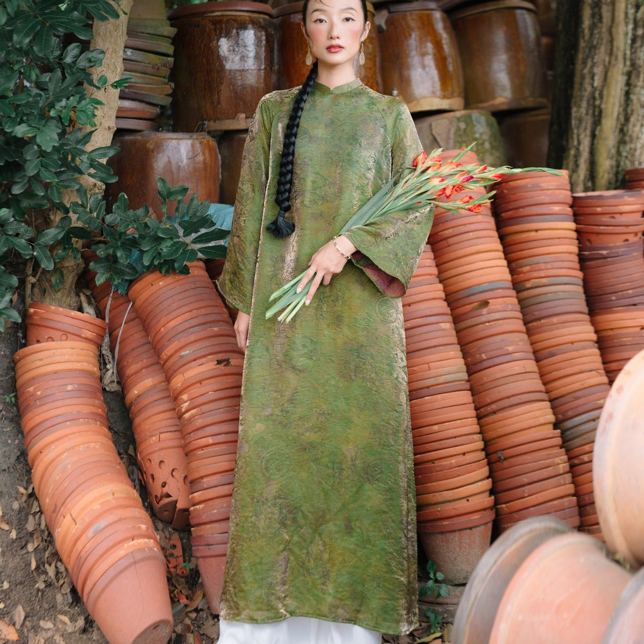 Hoa Mộc Lan Ao-dai Set - Tencel Silk with Magnolia pattern in Moss [Modern Cut] - front view by Moc