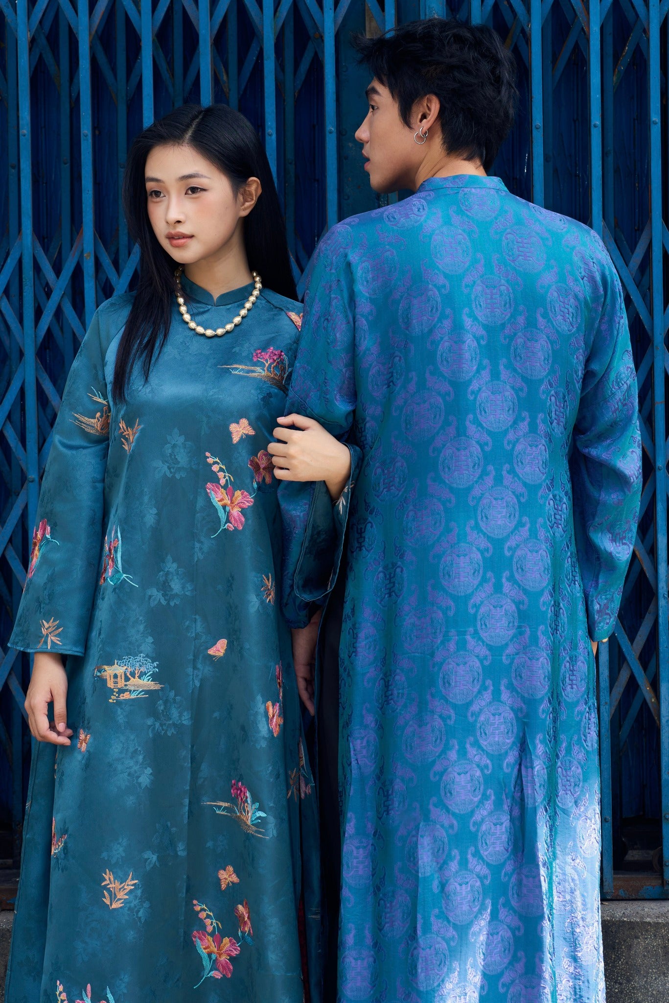 Lan Đình Ao-dai Set – Embroidered in Tranquil Teal [Traditional Cut] - styled presentation by Moc