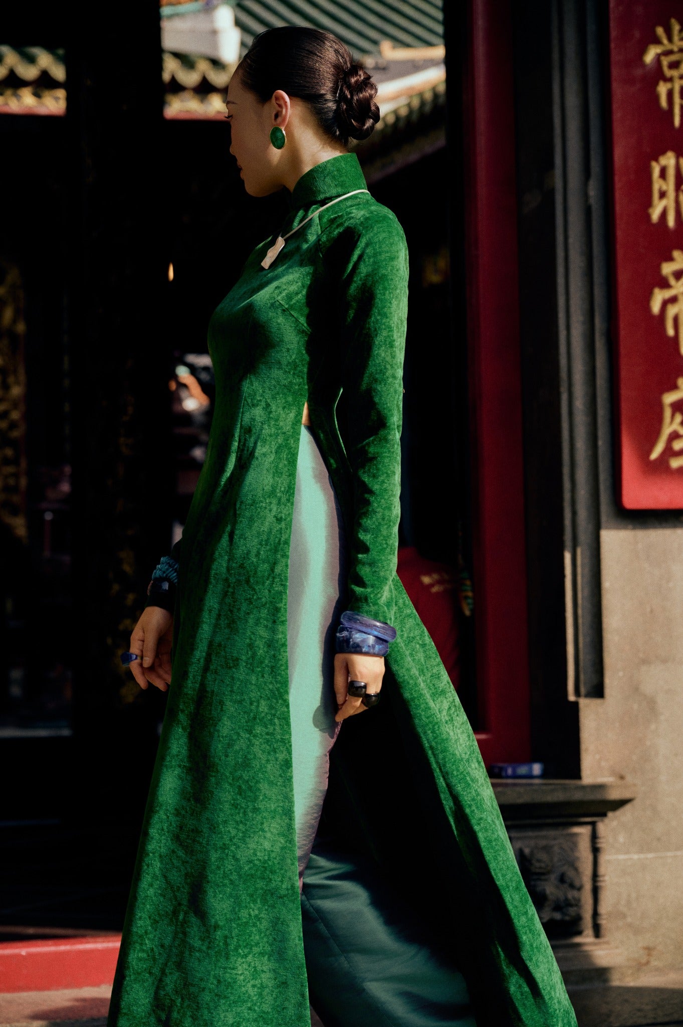 Vietnamese Ao Dai - Nhung - Velvet Ao Dai Set in Forest Green - side profile in forest green by Bonjour