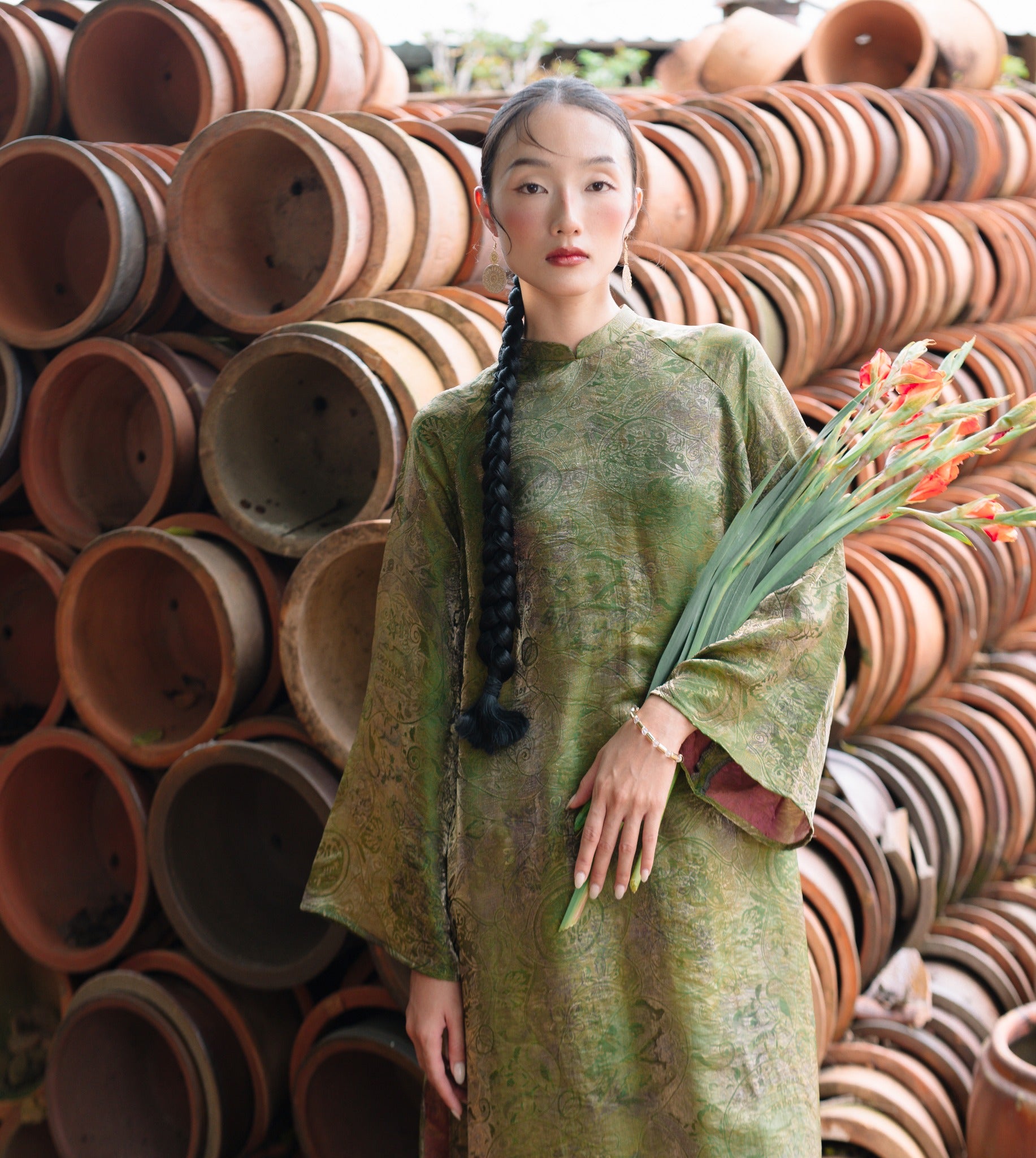 "Hoa Mộc Lan" Ao-dai Set - Tencel Silk with Magnolia pattern in Moss  [Modern Cut] - lifestyle shot | Vietnamese Luxury Fashion