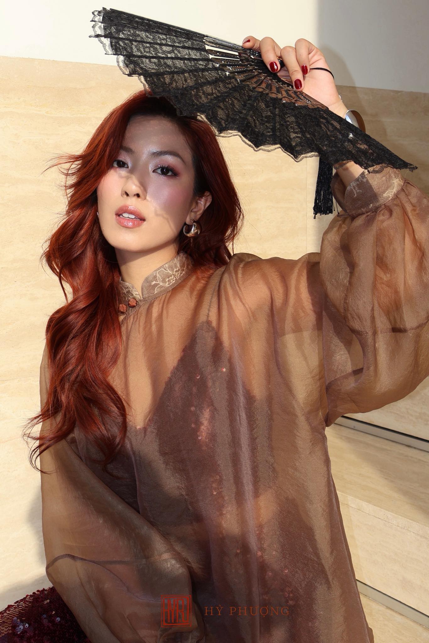Vietnamese Ao Dai - Amber Veil Ensemble – Sheer Organza Top & Sequin Trousers - front view in brown by Hy Phuong