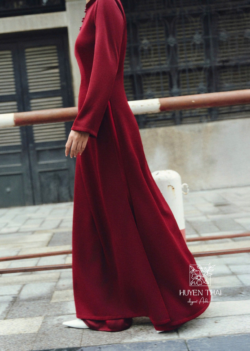 Vietnamese Ao Dai - “Thời Nguyệt” Áo Dài Set - Velvet Silk in Wine Red - side profile in red by Huyen Thai Collection