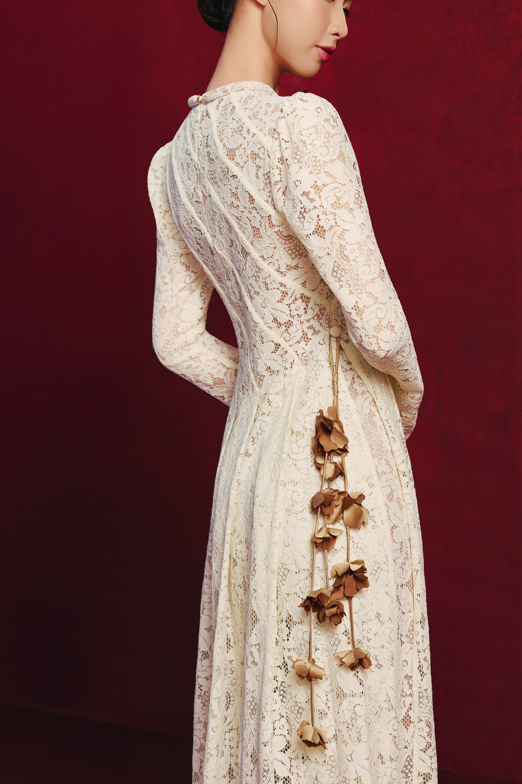 Vietnamese Ao Dai - Ivory Bloom Ao-dai Set - Lacy Áo Dài with Pleats - back view in lace in beige by Jennie Choo