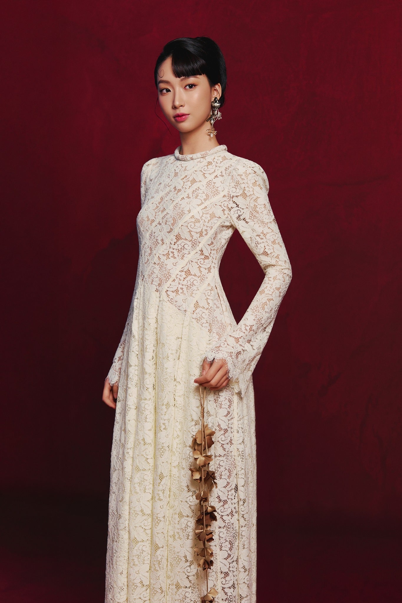 Vietnamese Ao Dai - Ivory Bloom Ao-dai Set - Lacy Áo Dài with Pleats - front view in lace in cream by Jennie Choo