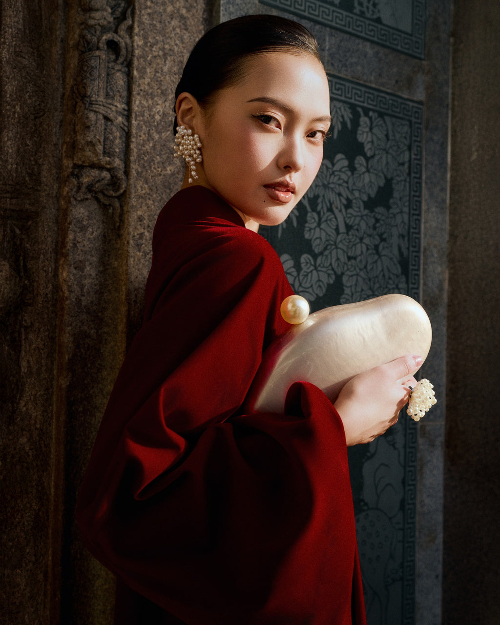 Vietnamese Ao Dai - My Nhung - Velvet Ao Dai Set - side profile in silk in burgundy by Tam