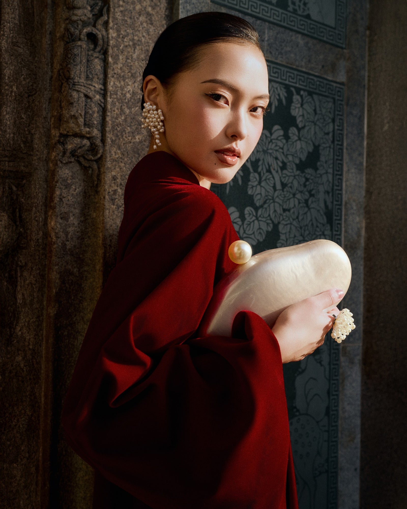 Vietnamese Ao Dai - My Nhung - Velvet Ao Dai Set - side profile in silk in burgundy by Tam