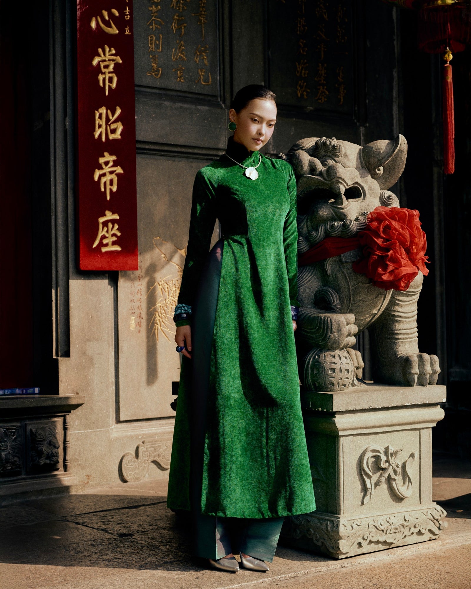 Vietnamese Ao Dai - Nhung - Velvet Ao Dai Set in Forest Green - front view in forest green by Bonjour