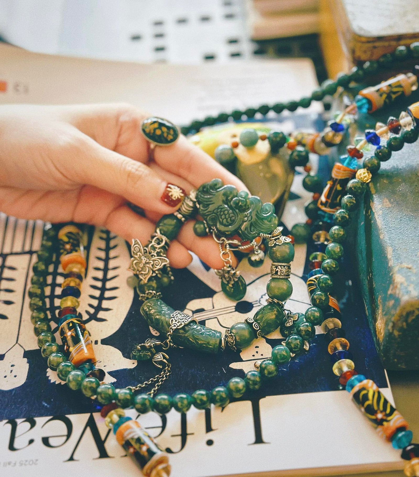Traditional Motif - “Phượng Ngọc” – Designer's Jade Phoenix Bracelet - detail close-up in green by HI de Maison