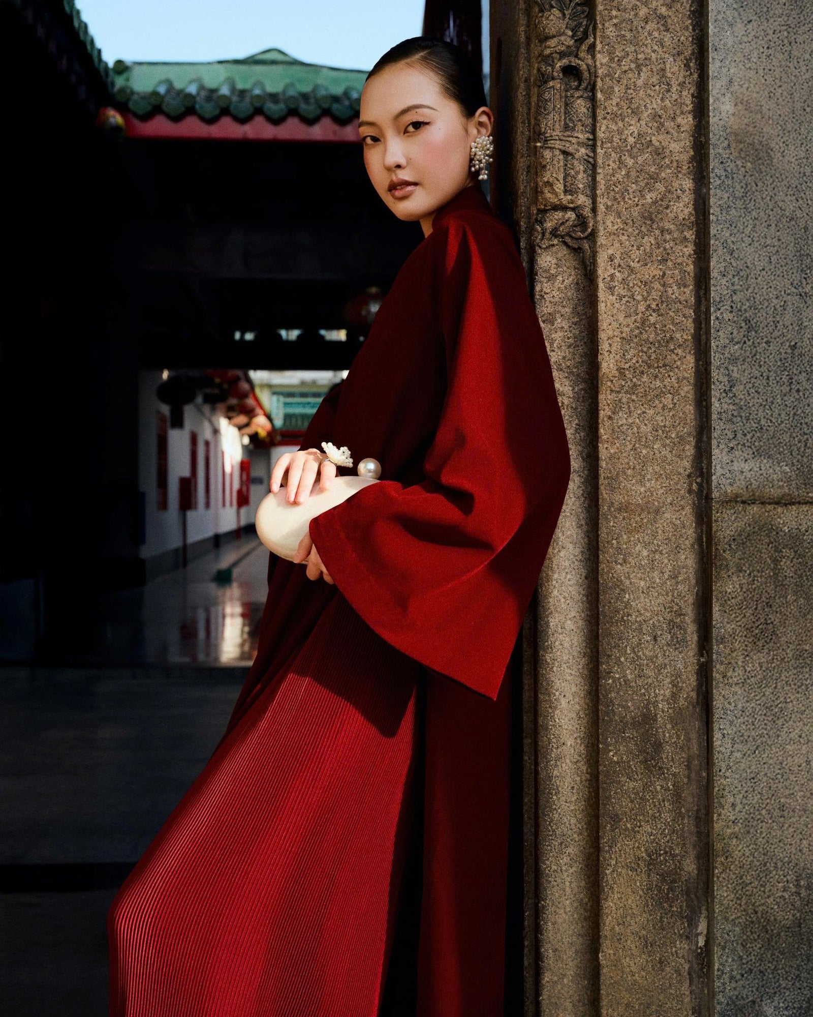 Vietnamese Ao Dai - My Nhung - Velvet Ao Dai Set - side profile in silk in burgundy by Tam