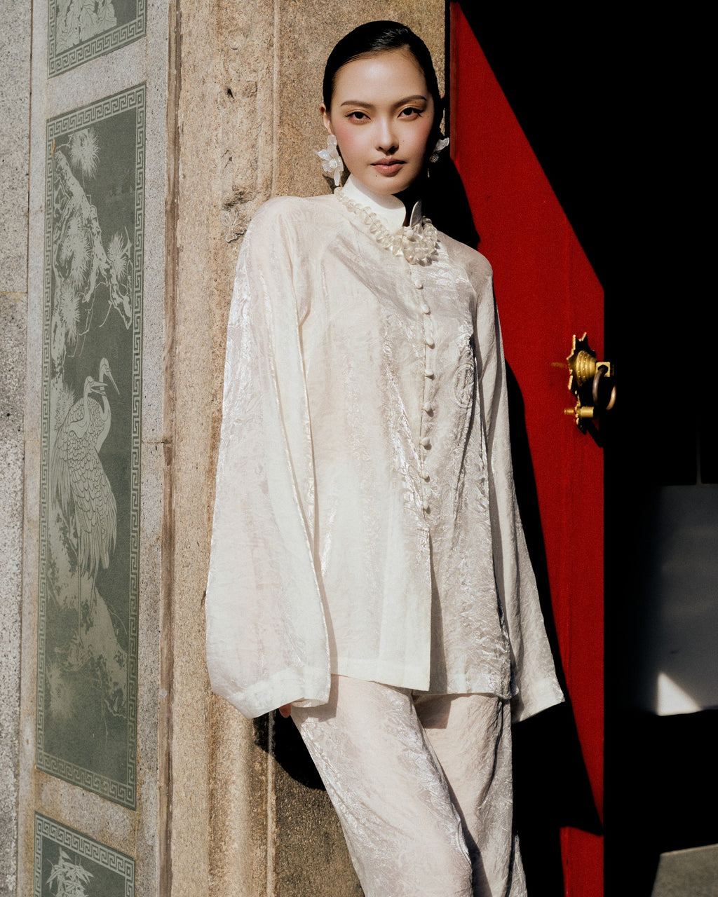 Vietnamese Ao Dai - To Lua - Silk Ao Dai Set - front view in ivory by Tam