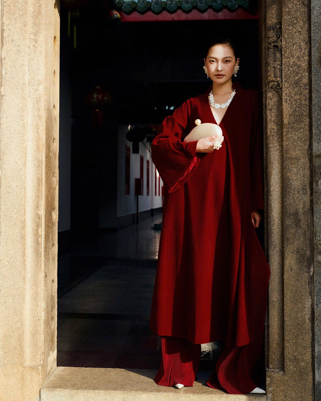 Vietnamese Ao Dai - My Nhung - Velvet Ao Dai Set - front view in silk in burgundy by Tam
