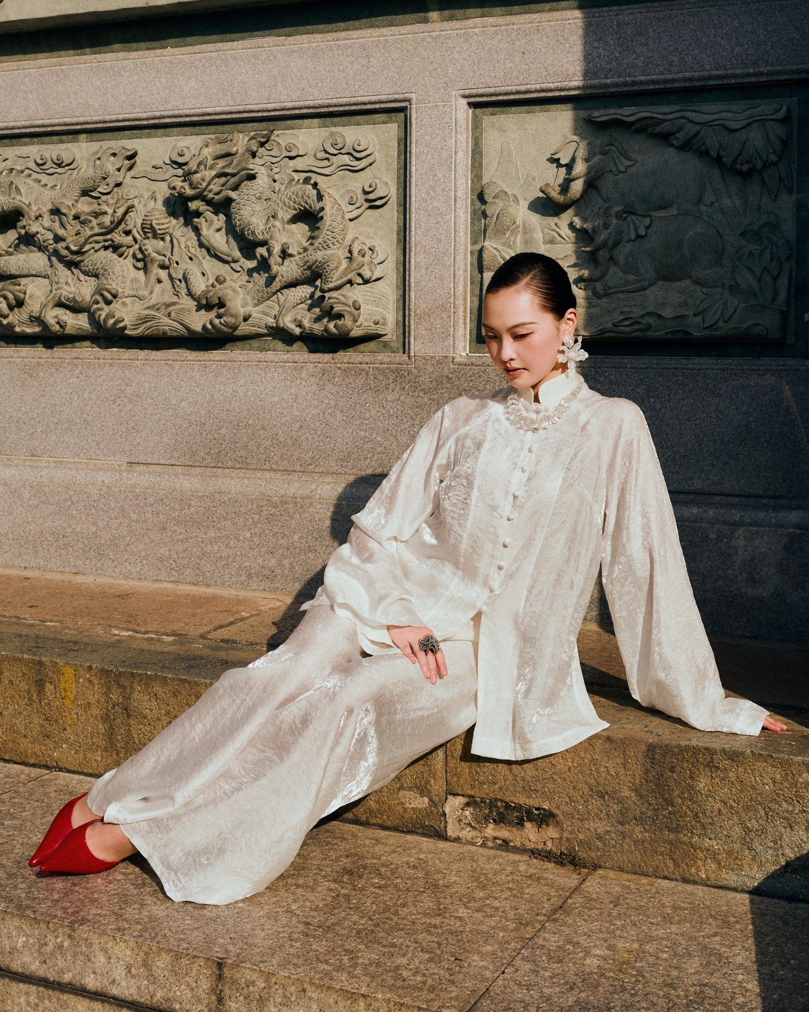 Vietnamese Ao Dai - To Lua - Silk Ao Dai Set - styled presentation in ivory by Tam