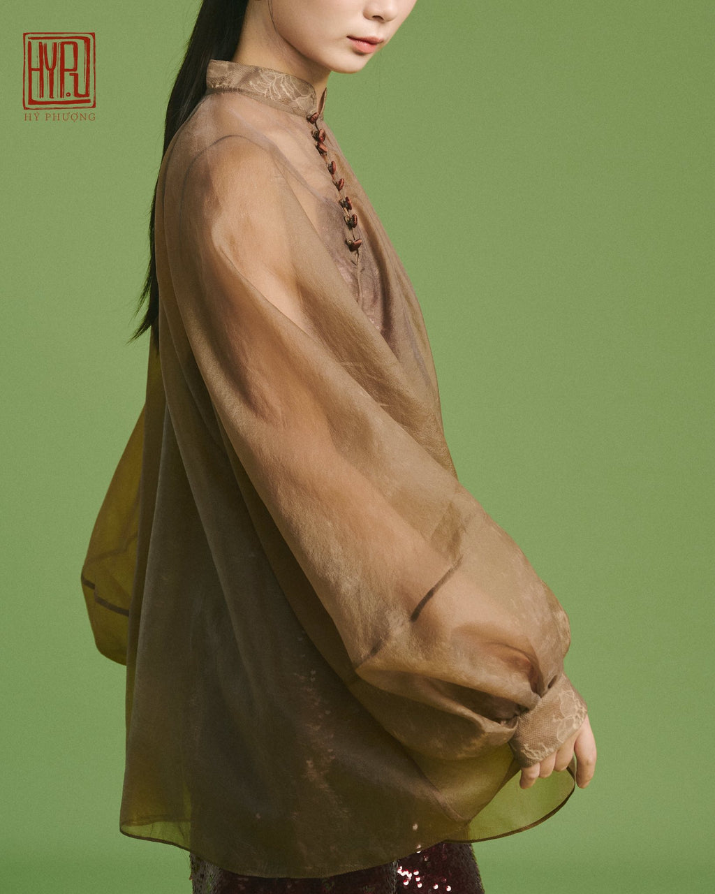 Amber Veil Ensemble – Sheer Organza Top & Sequin Trousers - side profile by Hy Phuong