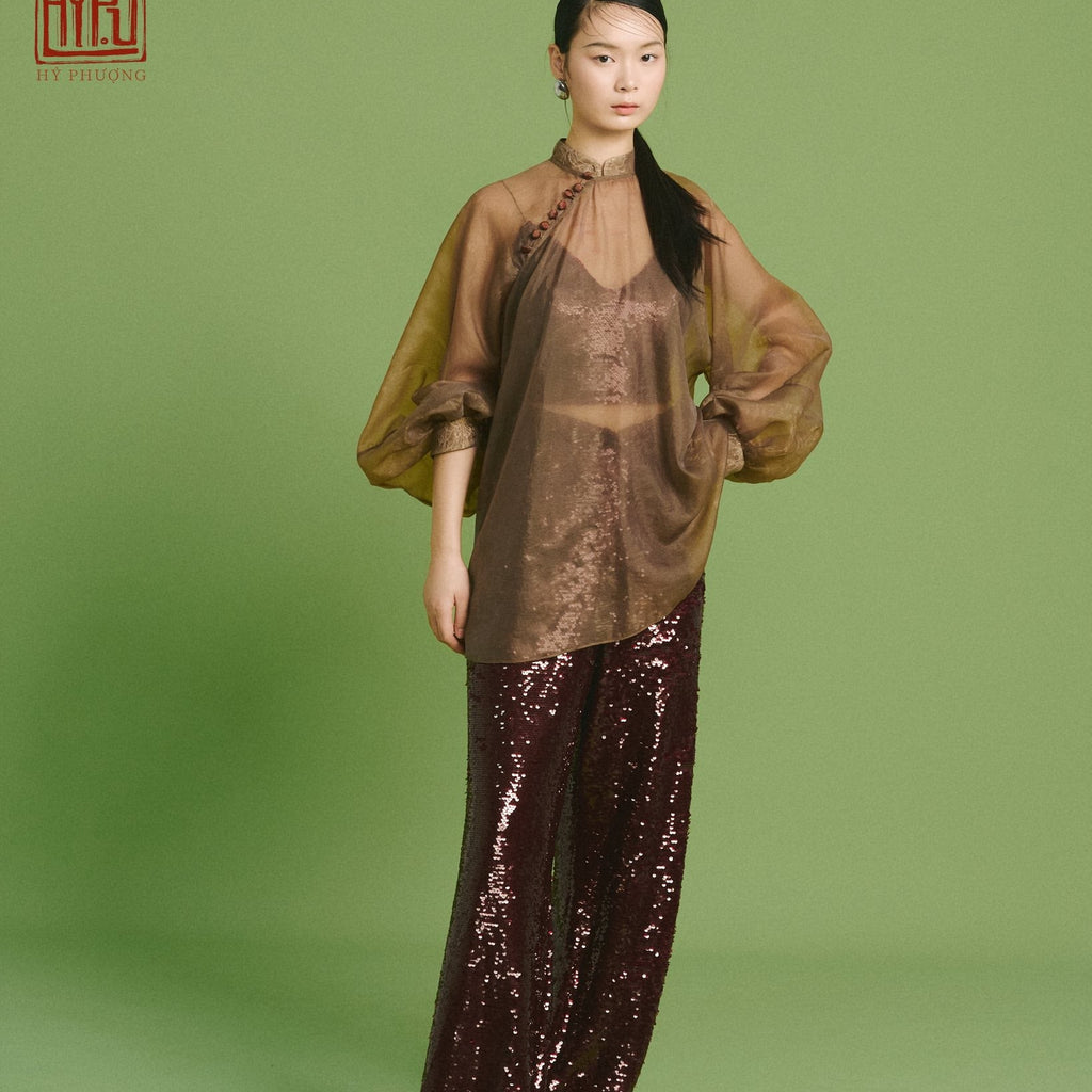 Empty Array - Amber Veil Ensemble – Sheer Organza Top & Sequin Trousers - front view in silk in brown by Hy Phuong