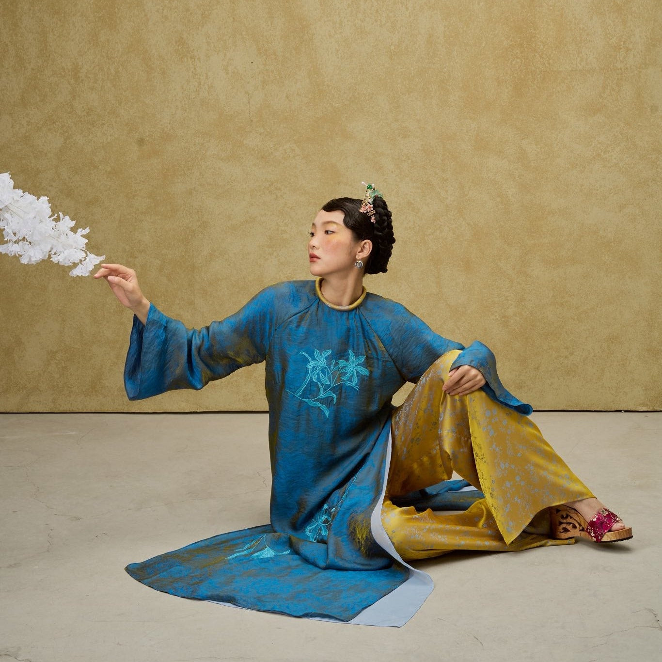 Luu Ly Ao Dai Set - Hangzhou Tencel Silk with Embroidery in Cobalt - styled presentation by SY Design