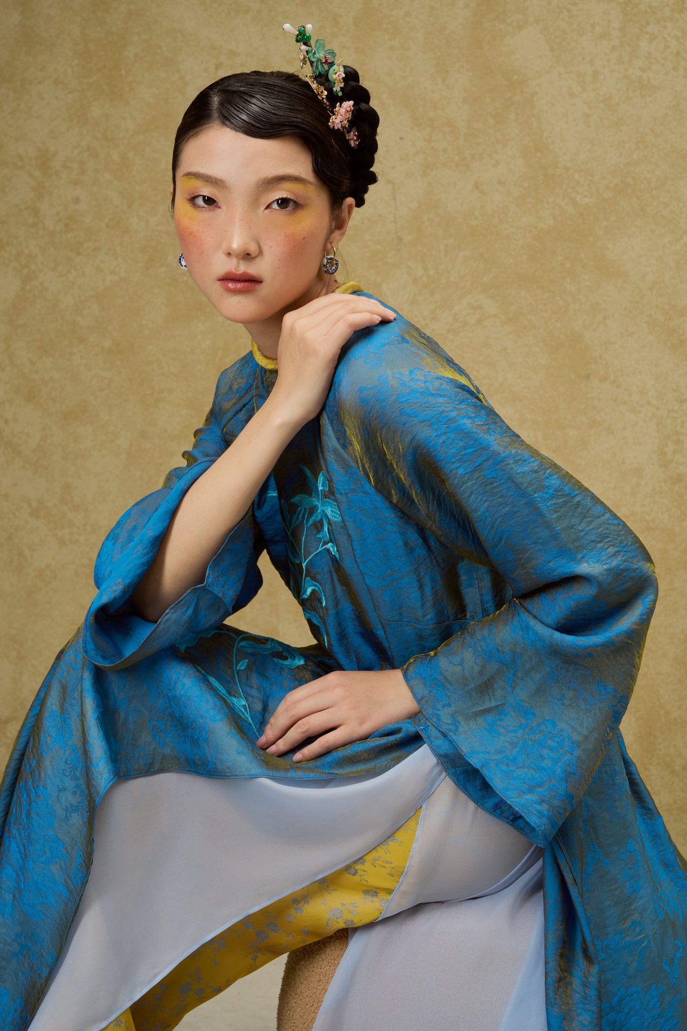 Luu Ly Ao Dai Set - Hangzhou Tencel Silk with Embroidery in Cobalt - three-quarter angle by SY Design