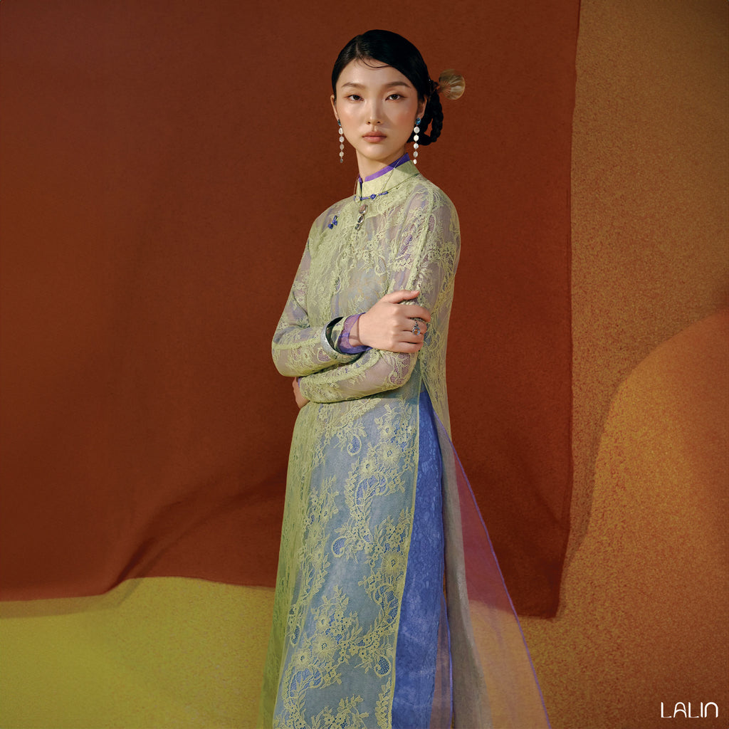 Vietnamese Ao Dai - Khue Ngan Ao Dai Set – Doubled Layers in Lace and Wormsilk - front view in green by Lalin