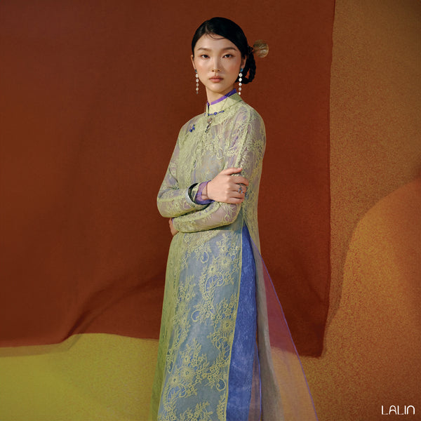 Vietnamese Ao Dai - Khue Ngan Ao Dai Set – Doubled Layers in Lace and Wormsilk - front view in green by Lalin